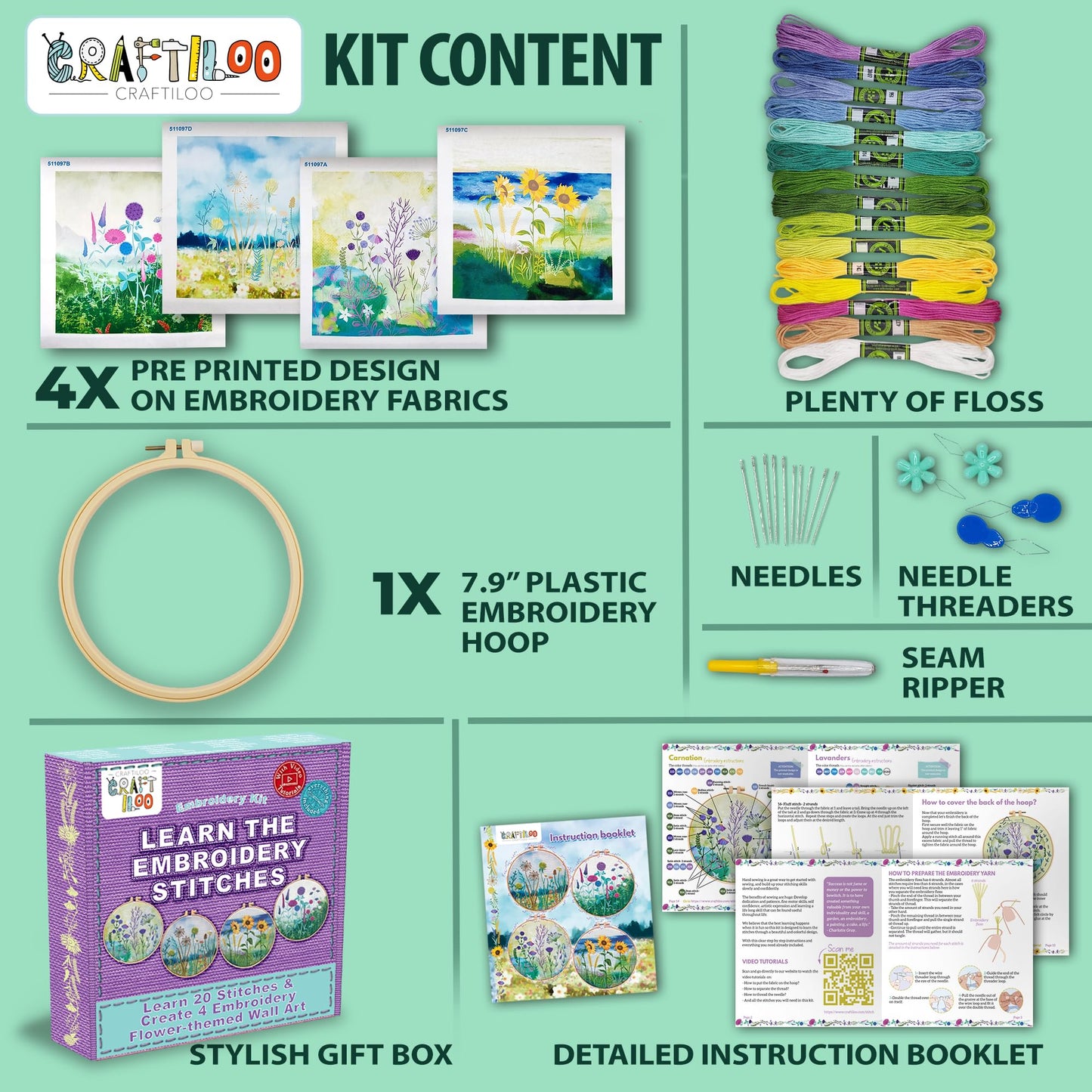 Embroidery kit for Beginners Cross Stitch for Beginners Needlepoint Kits for Adults Embroidery Kits Beginner Embroidery kit for Adults 4 Flowers