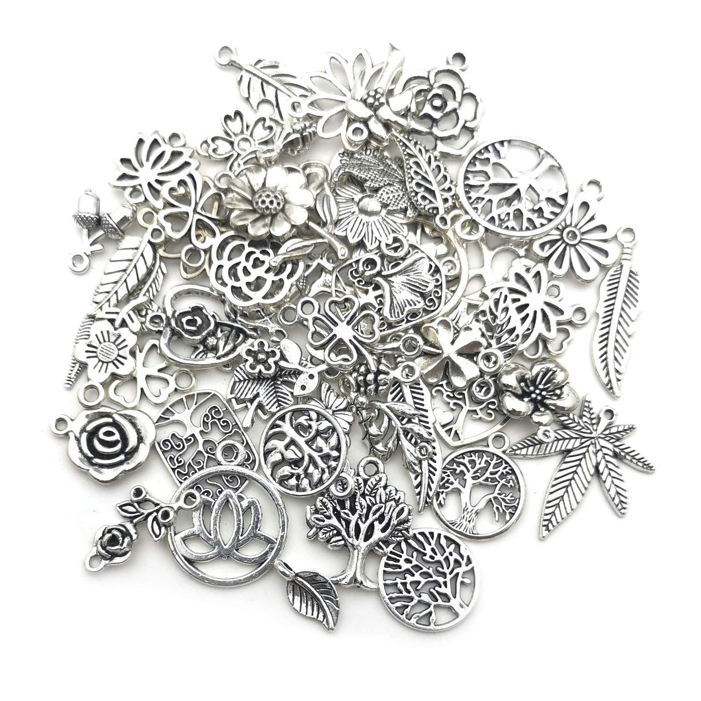 100pcs Mix Silver Tree Flower Charms Collection, Bulk Mini Small Little Charms Metal Pendant Craft Supplies Findings for Necklace and Bracelet Jewelry Making (HM291)