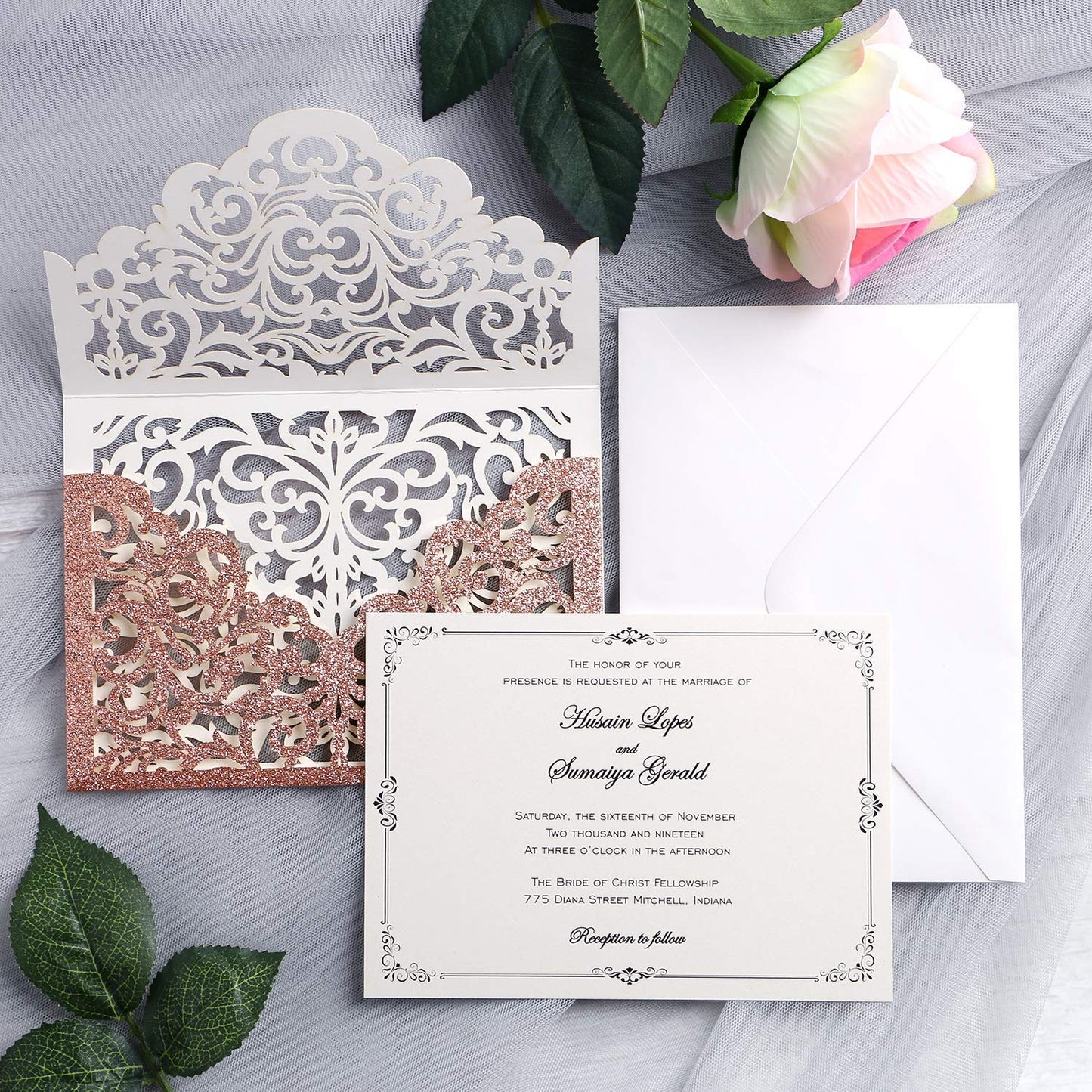 20 Pcs Laser Cut Wedding Invitation Card with Envelope for Wedding Quinceanera Bridal Shower Baby Shower Party Invite (Rose Gold Glitter)