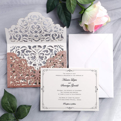 20 Pcs Laser Cut Wedding Invitation Card with Envelope for Wedding Quinceanera Bridal Shower Baby Shower Party Invite (Rose Gold Glitter)