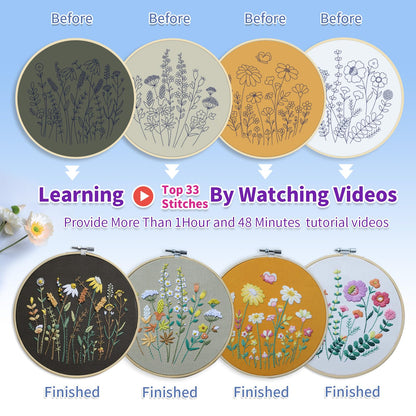4 Pack Beginner Embroidery Kits for Adults – DIY Starter Set with Stamped Floral Patterns, 7-Inch Adjustable Bamboo Hoop, Colorful Threads, Tools, Step-by-Step Instructions & Video Tutorials