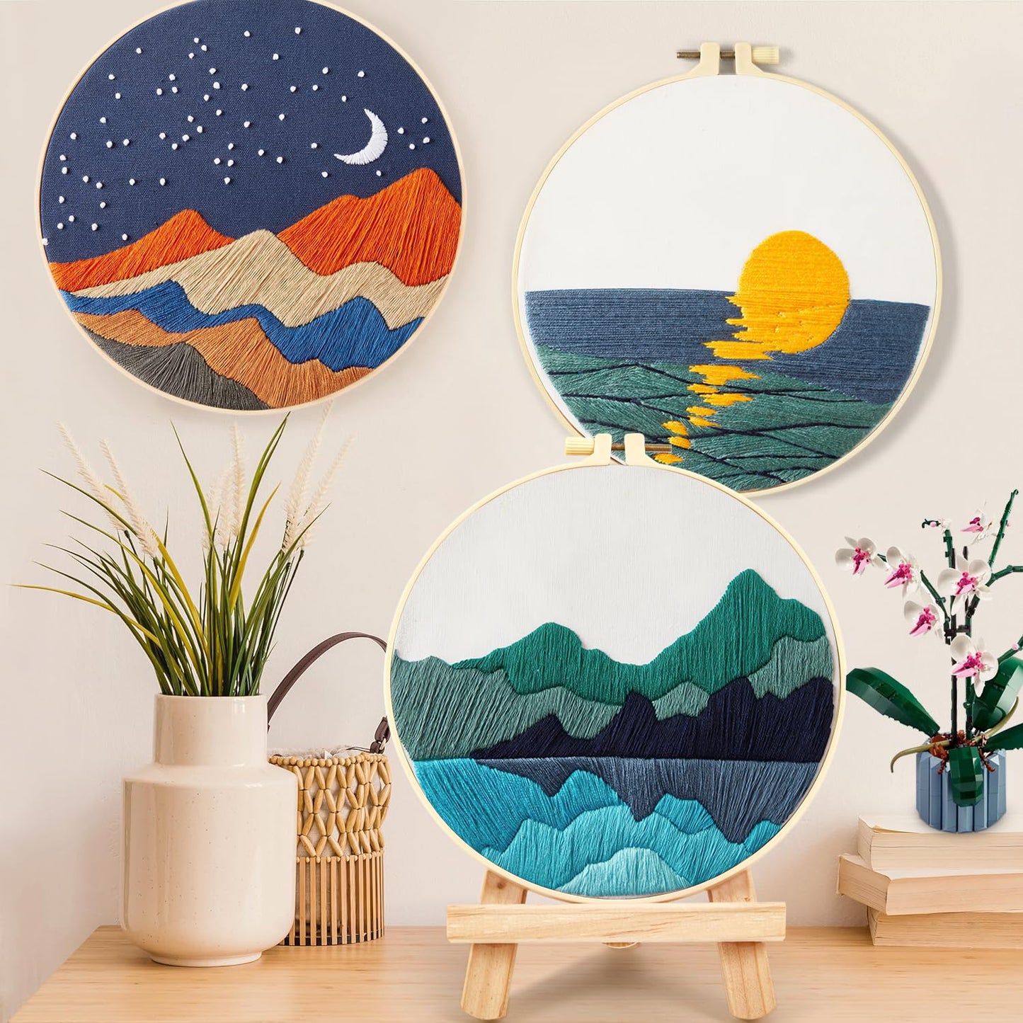 Embroidery Kits for Beginners Adults, Stamped Cross Stitch kits for Adult Beginners Embroidery Starter Kit with Pattern, 3 Embroidery Hoop and Fabric, Needles Threads (Attached Teaching Video QR Code)