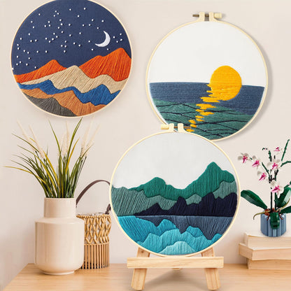 Embroidery Kits for Beginners Adults, Stamped Cross Stitch kits for Adult Beginners Embroidery Starter Kit with Pattern, 3 Embroidery Hoop and Fabric, Needles Threads (Attached Teaching Video QR Code)