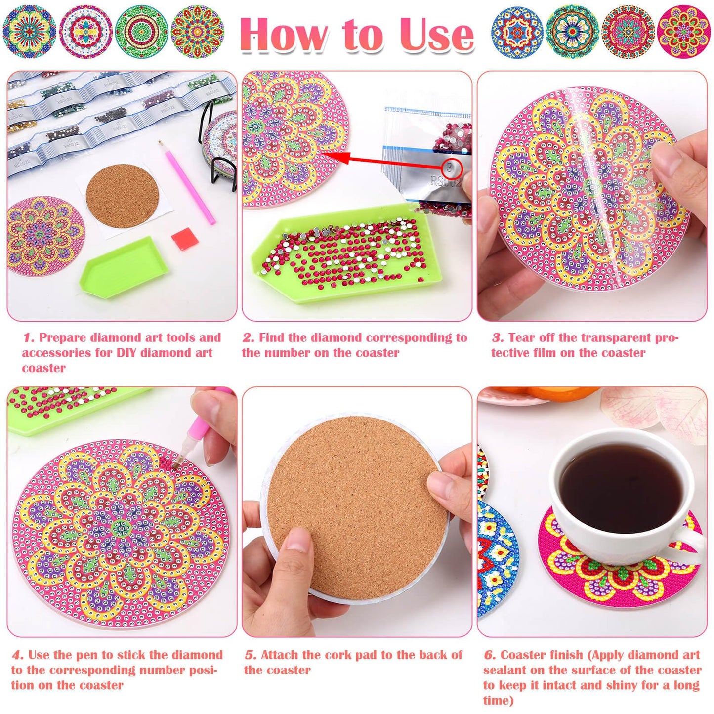 8 Pieces Diamond Art Painting Coasters Kit with Holder, Diamond Art Coasters, Arts and Crafts for Adults, Small Diamond Craft Kits for Beginners