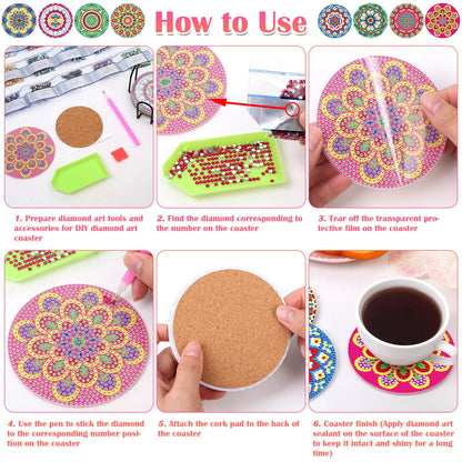 8 Pieces Diamond Art Painting Coasters Kit with Holder, Diamond Art Coasters, Arts and Crafts for Adults, Small Diamond Craft Kits for Beginners