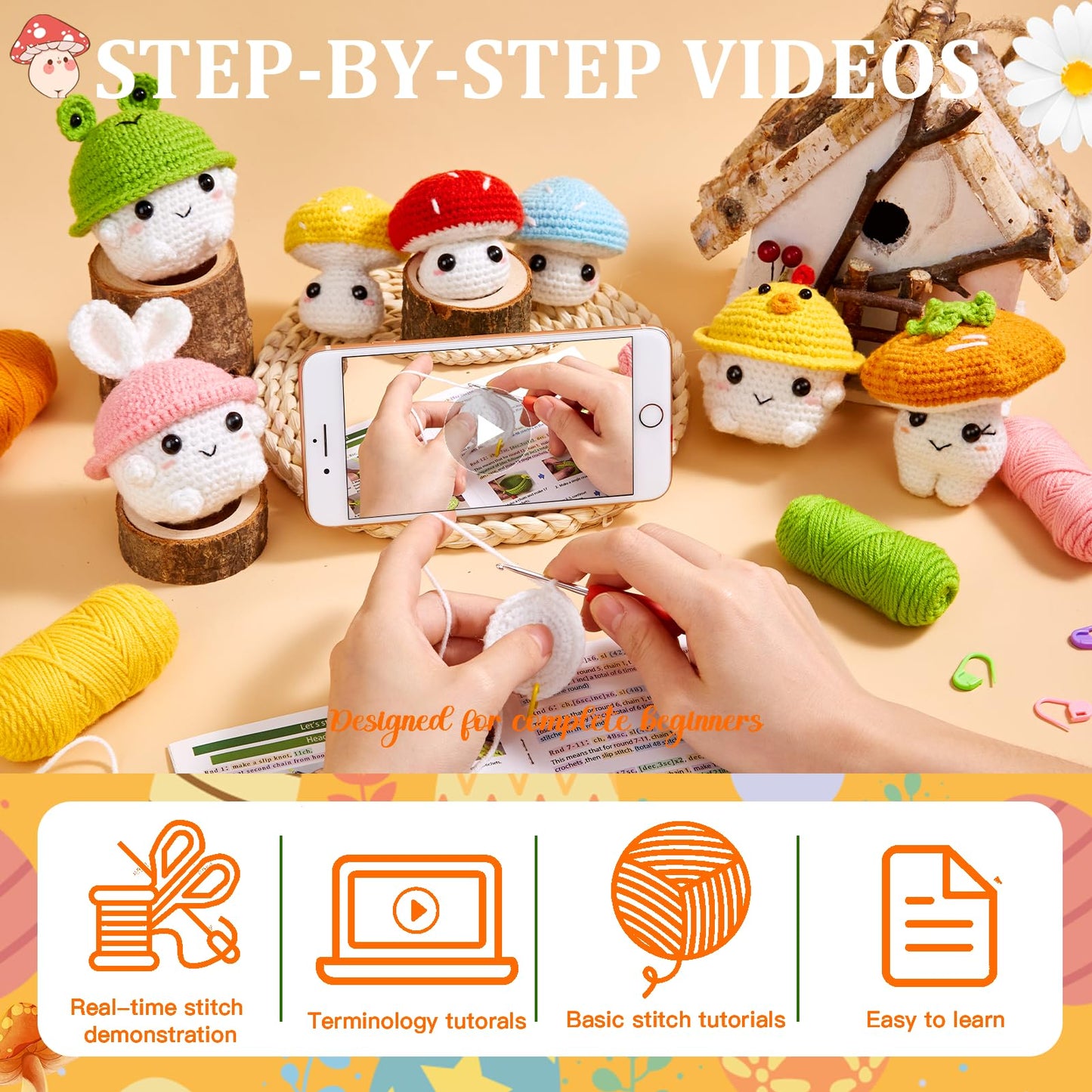 Crochet Kit for Beginners, Crochet Starter Kits for Adults Amigurumi Craft Knitting Crocheting Kits with Step-by-Step Video Tutorials, Mushroom Family(40%+ Yarn