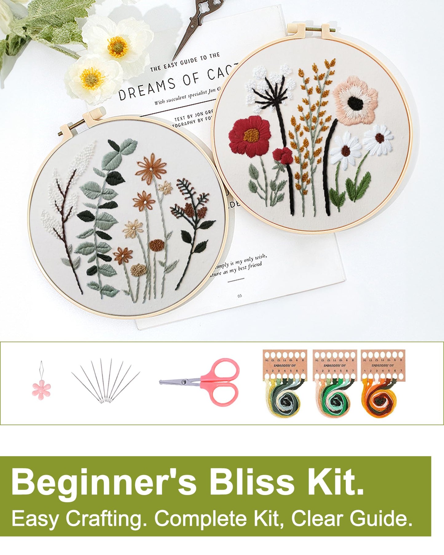 3 Sets Embroidery Kit,Cross Stitch Kits for Beginners,Needlepoint Kits for Adults with Easy Floral Pattern Hand Crafts,Hoop,Needle,Mothers Day Gifts