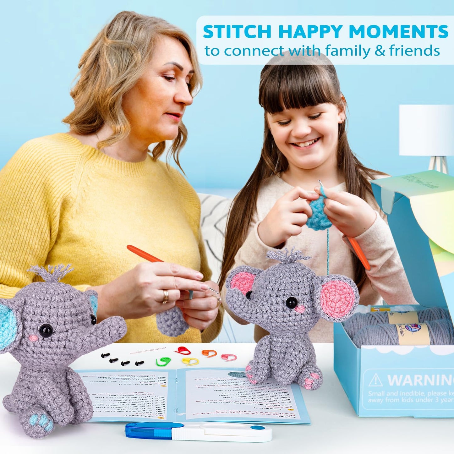 Crochet Kit for Beginners, Beginner Crochet Starter Kit with Step-by-Step Video Tutorials, Learn to Crochet Kits for Adults Kids, DIY Knitting Supplies, 2 Pack Elephant Family (40%+ Yarn)