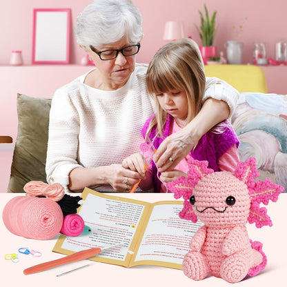 Crochet Kit for Beginners, Crochet Animal Kits,Crocheting Kit for Starters with Step-by-Step Video Tutorials, Beginner Crochet Kit for Adults (Axolotl 1Pack)