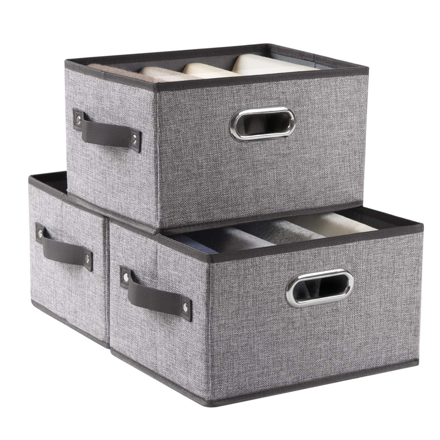 Fodable Storage Bins for Closet [3-Pack] Decorative Fabric Storage Baskets Cubes with Leather/Metal Handles for Shelves Bedroom Living Room Grey (11.5x8.5x6.7 Inch)