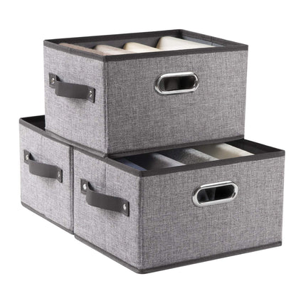Fodable Storage Bins for Closet [3-Pack] Decorative Fabric Storage Baskets Cubes with Leather/Metal Handles for Shelves Bedroom Living Room Grey (11.5x8.5x6.7 Inch)