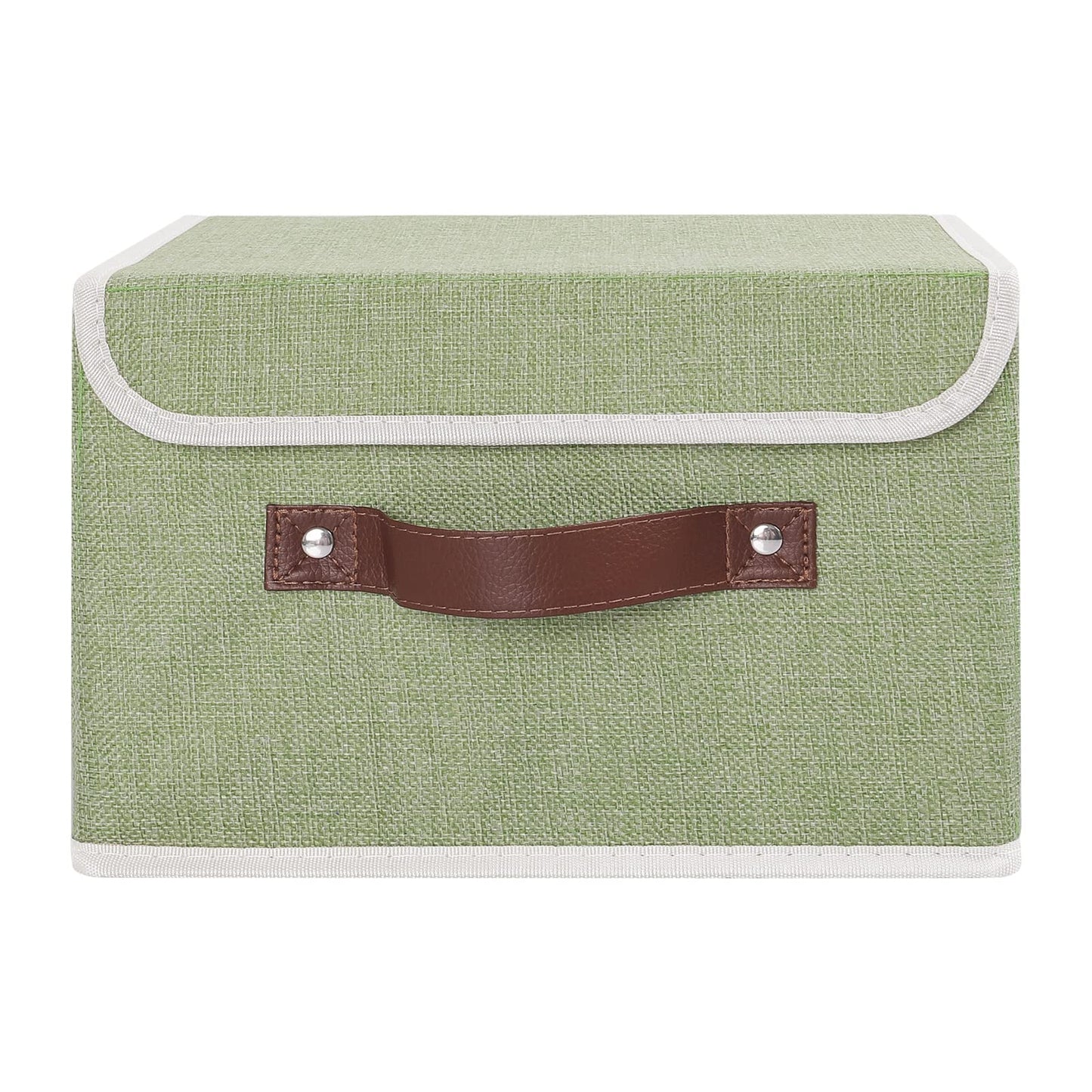 Storage Bin with Lid Storage Boxes with PU Leather Handles PP Plastic Board Decorative Foldable Lidded Cotton Linen Fabric Home Cubes Baskets Closet Organizer Container - Green, Small Size
