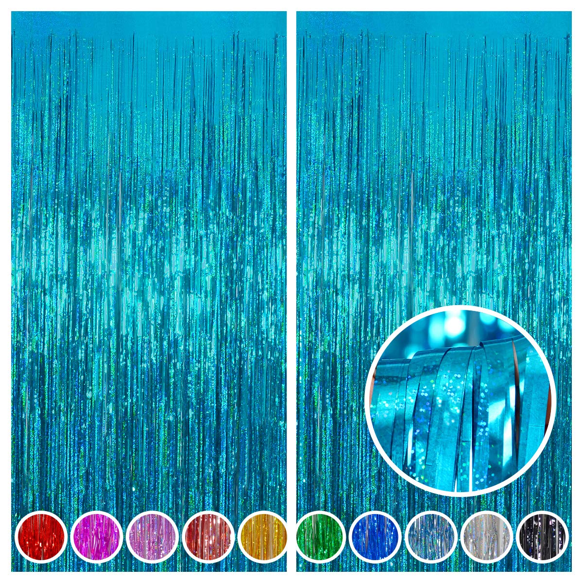 2 Pack 3.2 ft x 8.2 ft Teal Tinsel Foil Fringe Curtains Backdrop, Sparkle Metallic Foil Curtains for Frozen/Mermaid/Under Sea Birthday Party Decoration