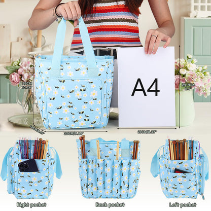 Portable Crochet Bag Organizer, Yarn Storage Organizers and Storage Organized for Crochet Hooks, Knitting Needles, Skeins of Yarn, Knitting & Crochet Supplies, Bees & Flowers (No Accessories)