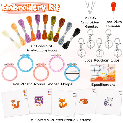 5Pcs Embroidery Kit for Kids Stamped Cross Stitch DIY Key Chain with Woodland Animal Patterns Needlepoint Starter Kits Craft Supplies for Beginners Adults Schoolbag