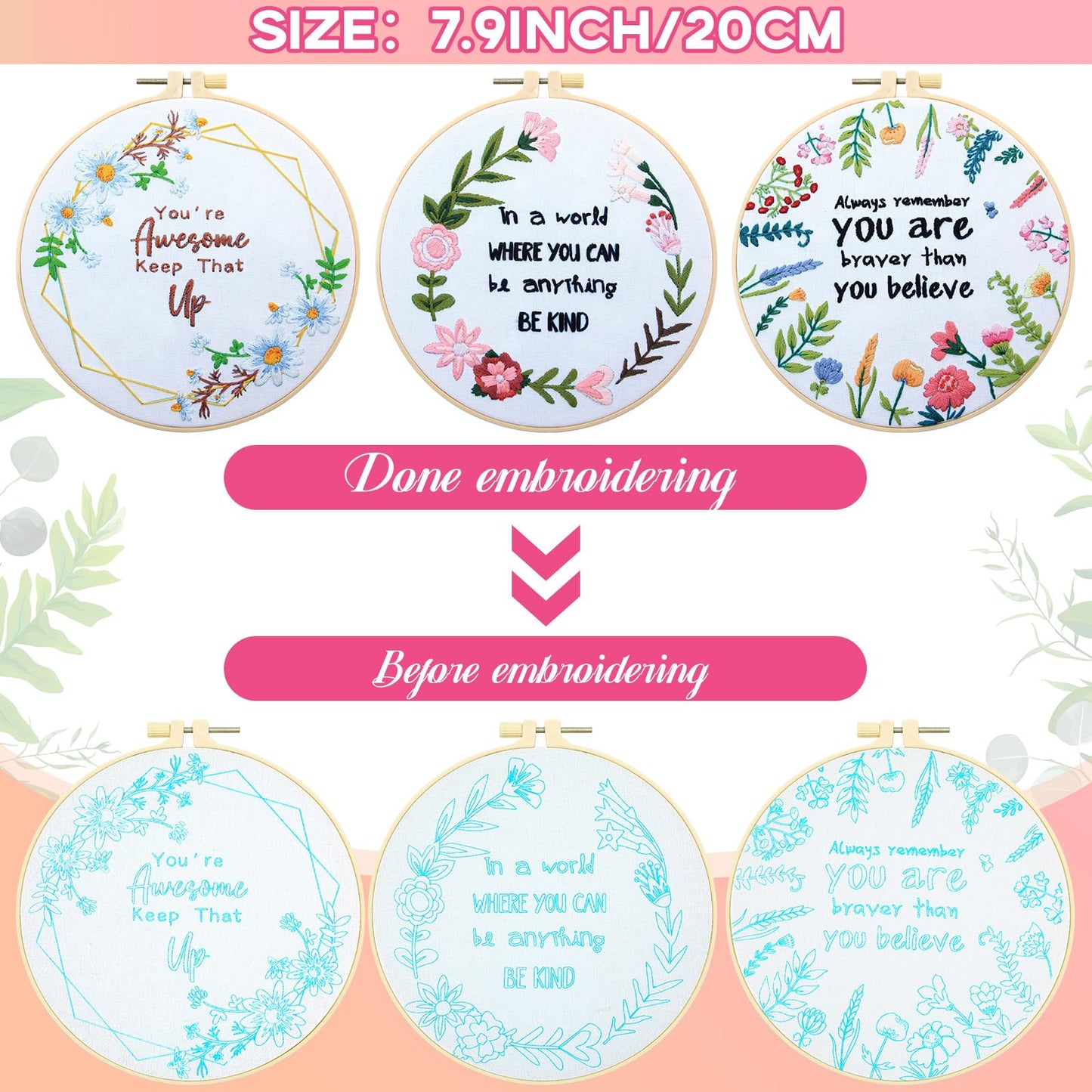 5 Sets Inspired Quote Embroidery Kit for Beginner Adult Motivational Embroidery Starter Set Floral Cross Stamped Needlepoint Kit Hoops Thread Needles for Adults Craft Lover