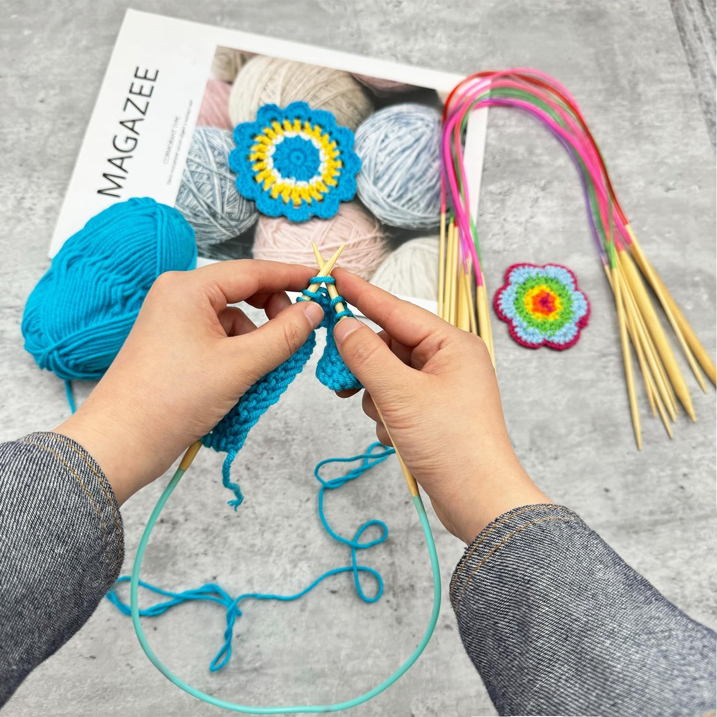 18 Pairs Bamboo Knitting Needles Set Circular Wooden Knitting Needles with Colorful Plastic Cable Size 2mm-10mm,Knitting Needle for DIY Craft(100cm/40inch)