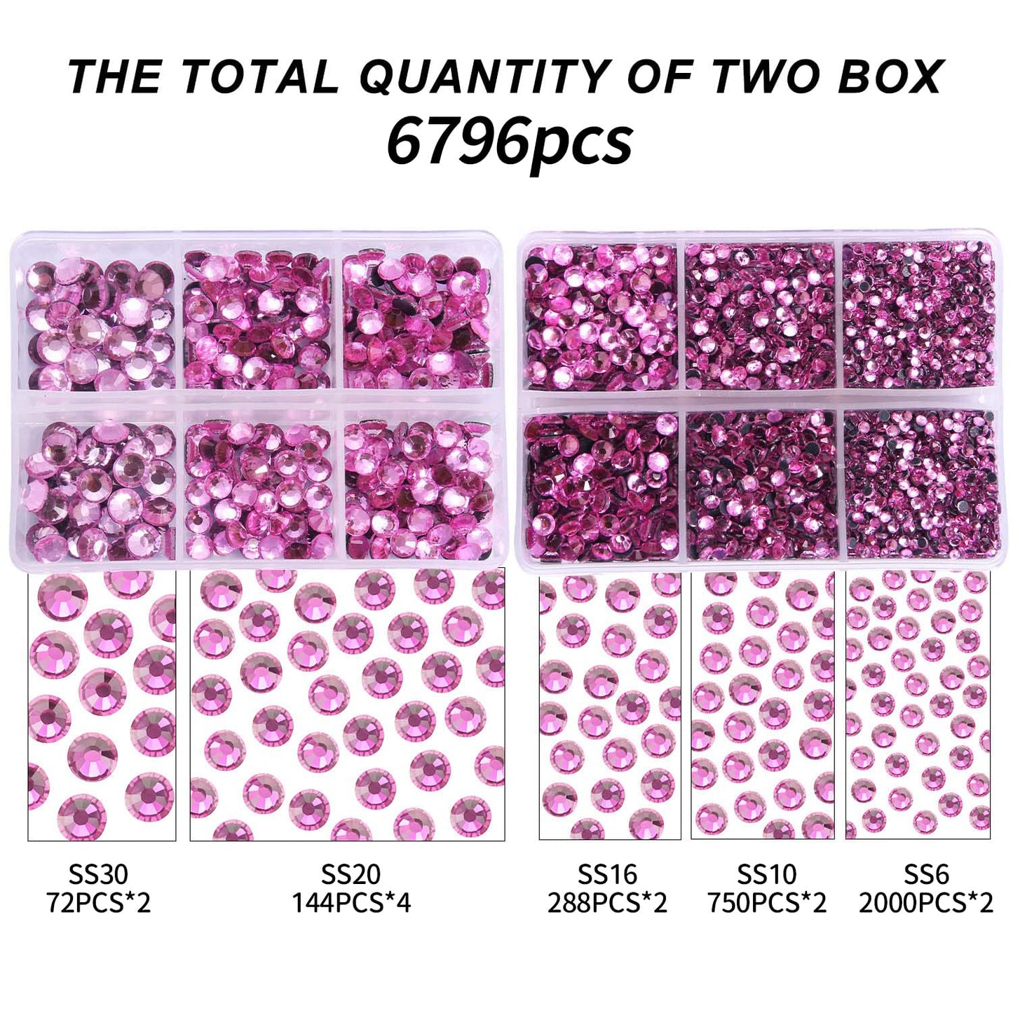 6796PCS Pink Hotfix Rhinestones Crystal Stones Glass for Fabric Clothes Shirts Sparkly Flat Back Round with Tweezers and Picking Pen (SS6~SS30 Set)