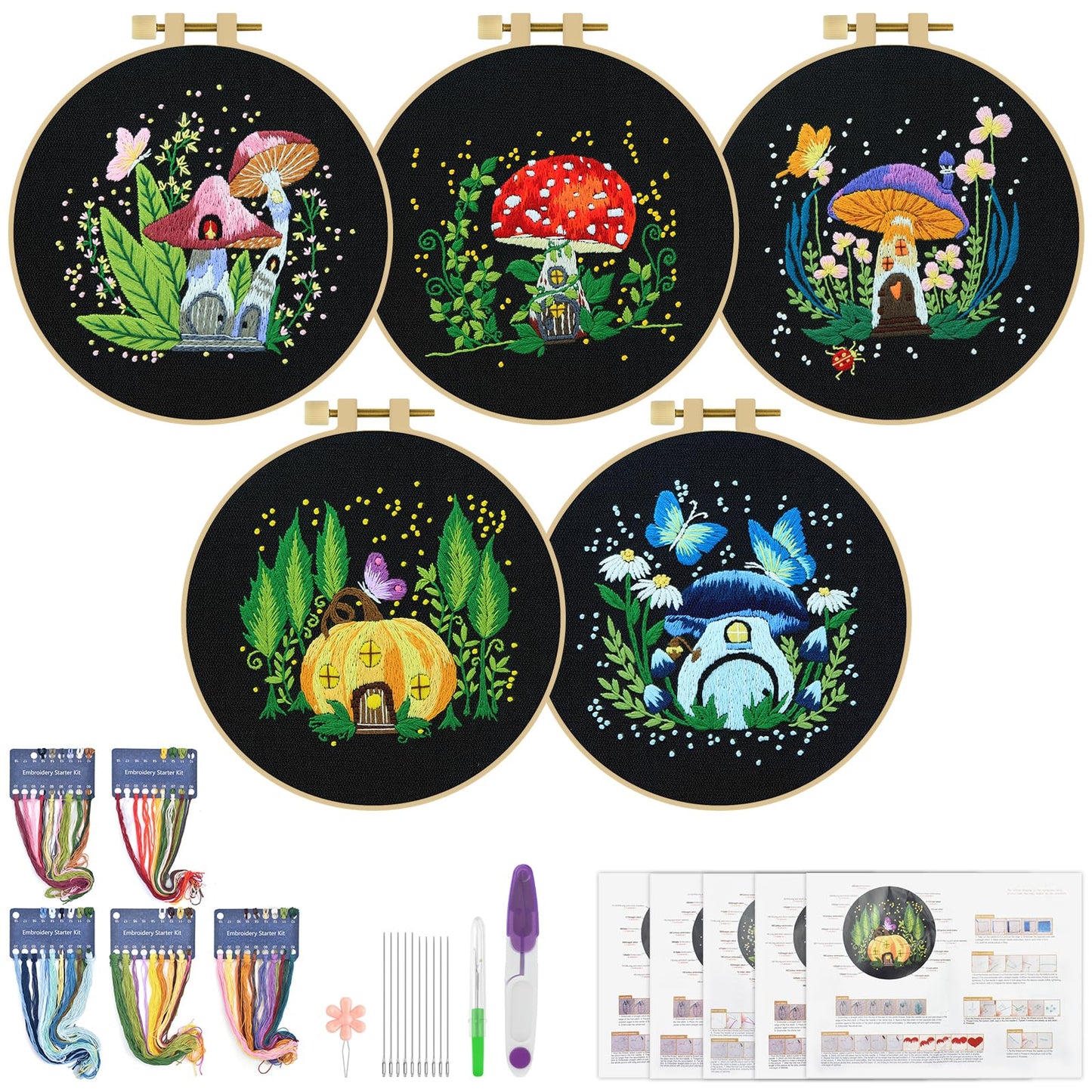 5 Sets Embroidery Kit for Beginners, Art Craft Handy Sewing Set Mushroom Cross Stitch Starter Kits, DIY Embroidery Kits with Patterns and Instructions Hoops Needles Threads