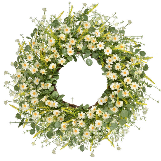 24 Inches Artificial Daisy Flower Wreath with Eucalyptus Leave Silk Flower White Berries Spring Summer Wreath for Front Door Wall Decor