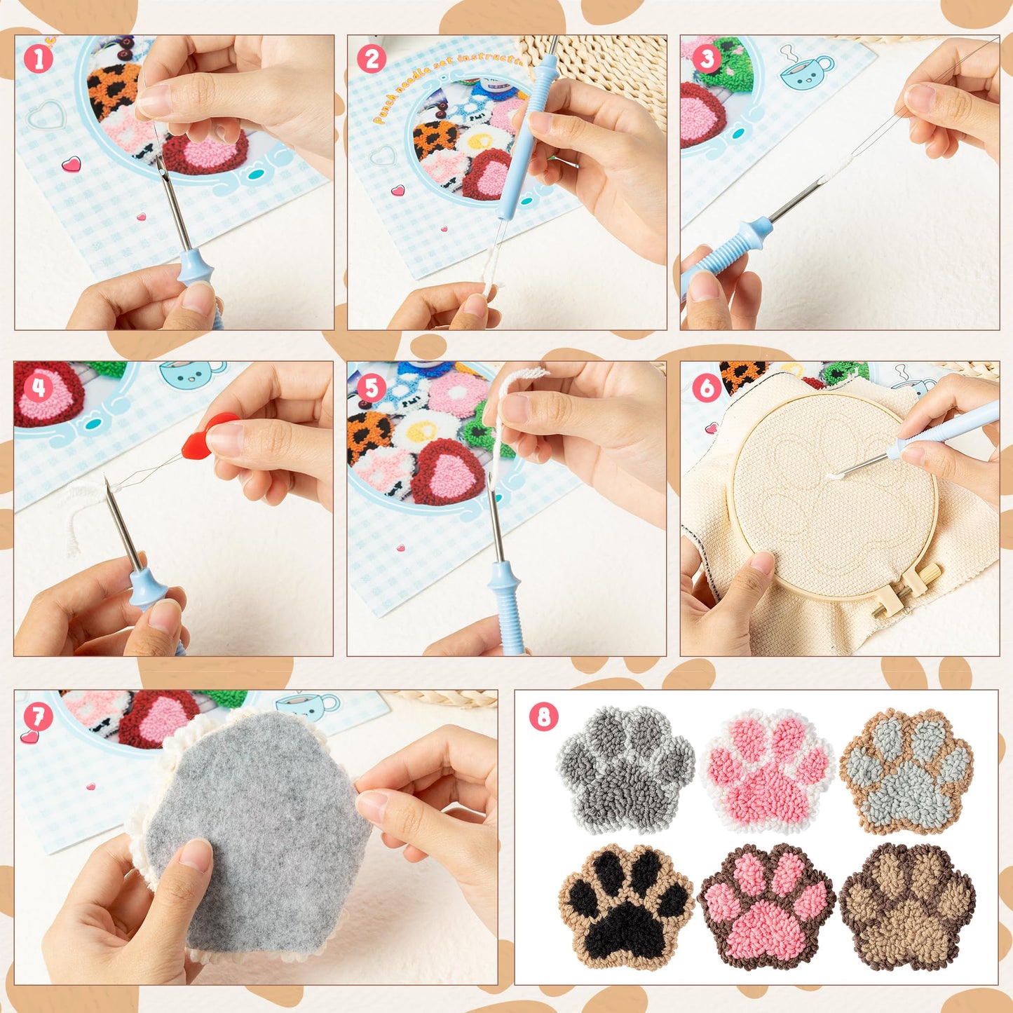 22Pcs Craft Punch Needle Coaster Kit, Easy Art Work Decor Coasters Kits for Beginners, 6 Pattern Tufted Rug Pads with Adhesive Felt Yarns Embroidery Hoop Instruction, DIY Needle Punch Craft