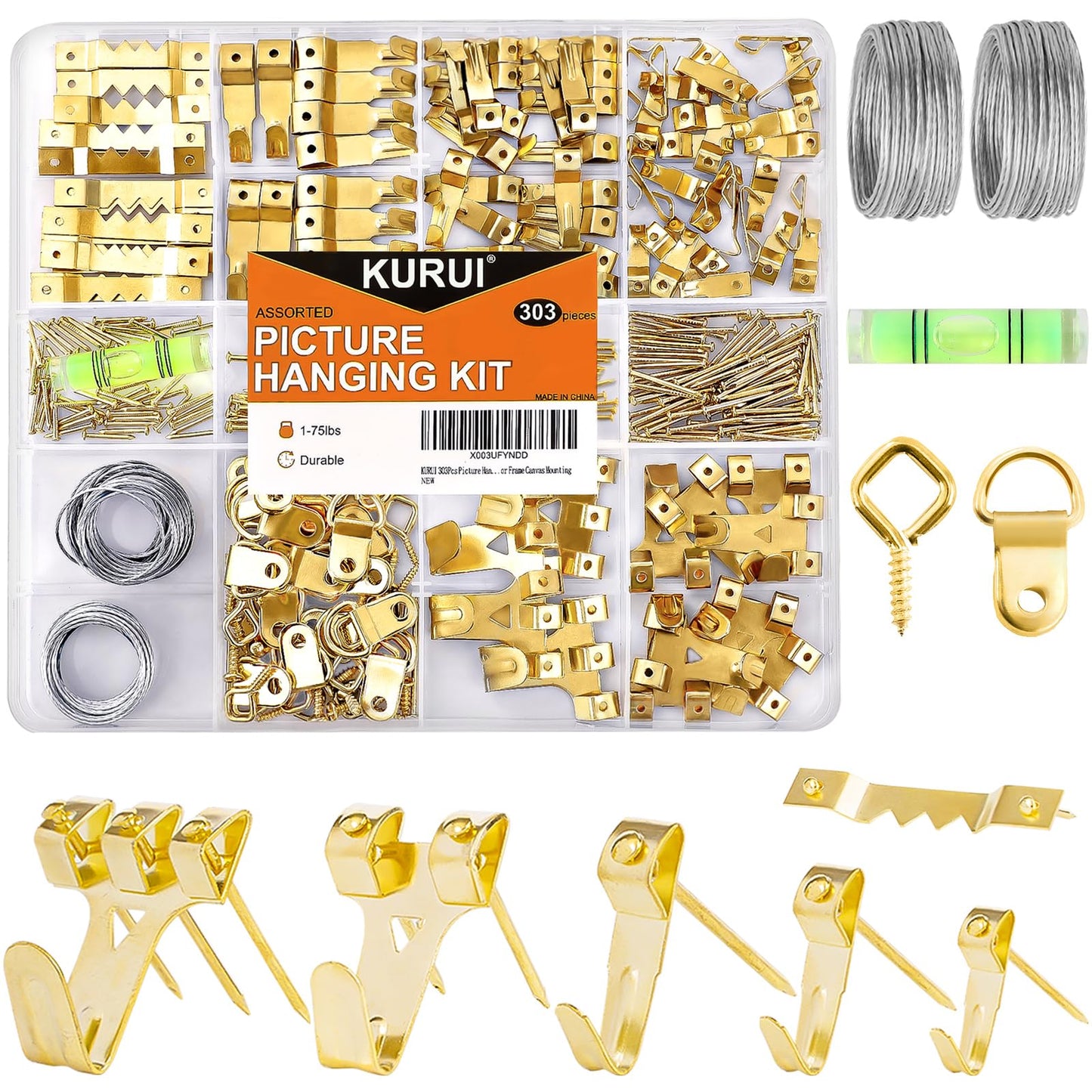 303Pcs Picture Hanging Kit, Picture Hangers Assorted Kit With Heavy Duty Wall Hooks, Sawtooth, Picture Wire, D Rings, Hardware Nails, Eye Hooks and Picture Hanging Tool for Frame Canvas Mounting