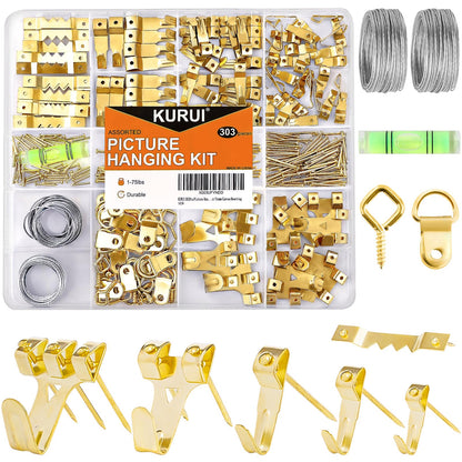 303Pcs Picture Hanging Kit, Picture Hangers Assorted Kit With Heavy Duty Wall Hooks, Sawtooth, Picture Wire, D Rings, Hardware Nails, Eye Hooks and Picture Hanging Tool for Frame Canvas Mounting