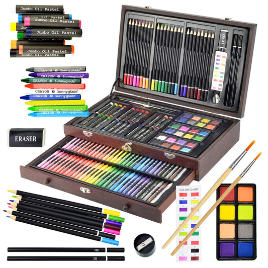145 Piece Deluxe Art Set, Wooden Box & Drawing Kit with Crayons, Oil Pastels, Colored Pencils, Watercolor Cakes, Sketch Pencils, Paint Brush, Sharpener, Eraser, Color Chart (Cherry)
