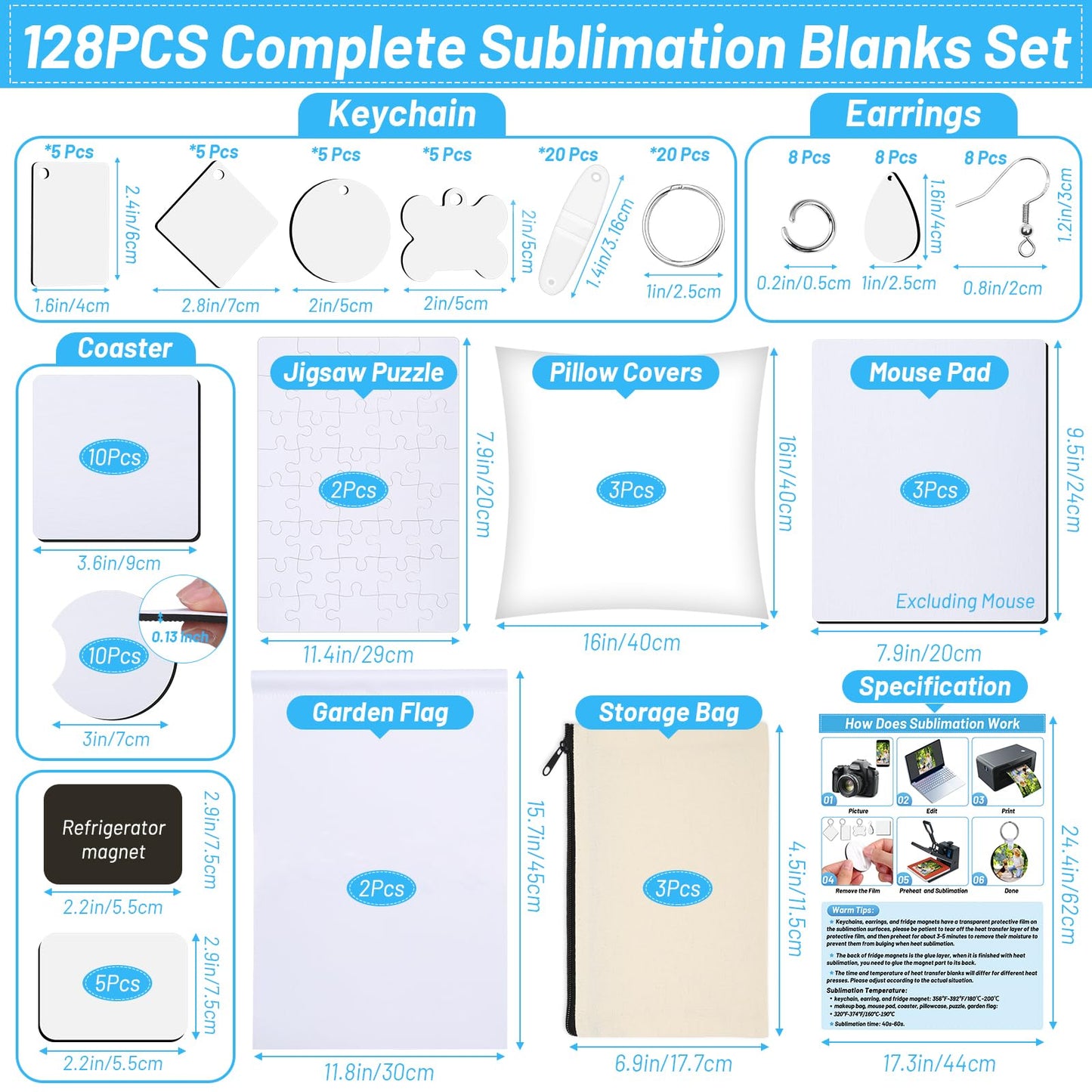 128-Piece Sublimation Blank Products Starter Kit - Perfect for Personalized Printing DIY Crafts, Custom Gifts for Easter, Mother's Day, Children's Day, and Home Decor