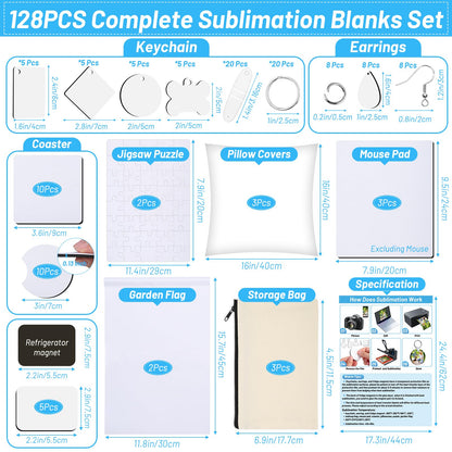 128-Piece Sublimation Blank Products Starter Kit - Perfect for Personalized Printing DIY Crafts, Custom Gifts for Easter, Mother's Day, Children's Day, and Home Decor