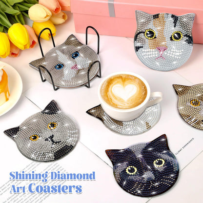 8 Pieces Diamond Art Painting Coasters Kit with Holder, Diamond Art Coasters, DIY Diamond Art Crafts Projects, Diamond Dot Kits for Adults and Beginners(Cat Style)