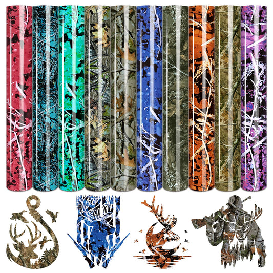 Real Tree Heat Transfer Vinyl - 10 Sheets 10 x 12 Inch Camo Pattern Iron on Vinyl for Hunter Outdoor Camouflage Printed HTV DIY T-shirts Handbags Hat Pants Craft for Cricut or Silhouette Cameo