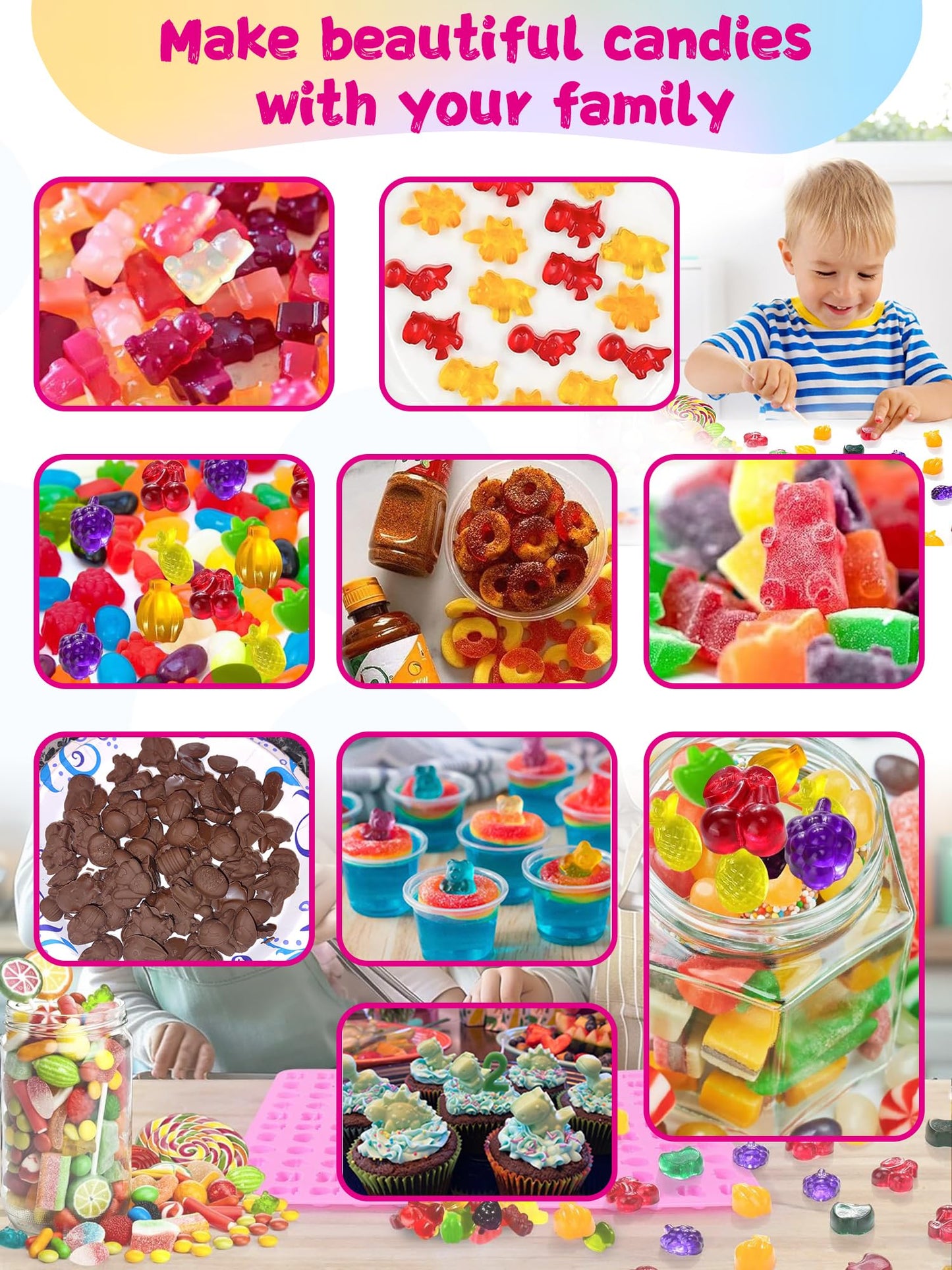 117 Pcs Gummy Bear Mold Silicone,with Candy Recipes、Droppers and Wrappers Card,Non-Stick Food Grade Chocolate Candy Gummy molds，Including Mini Dinosaur, Bear, Animals, Fruits and Mini Donut Molds