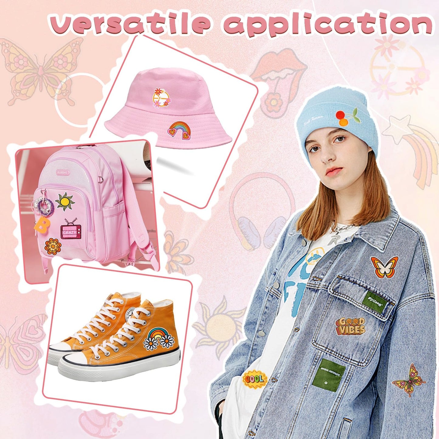 60pcs Hippie Embroidered Patches Random Assorted Styles Hippie Theme Iron on Patches for Girls, Wonmen DIY Sew Applique Repair Patch Cute Sew on Patches for Backpacks Pants Clothes Jeans