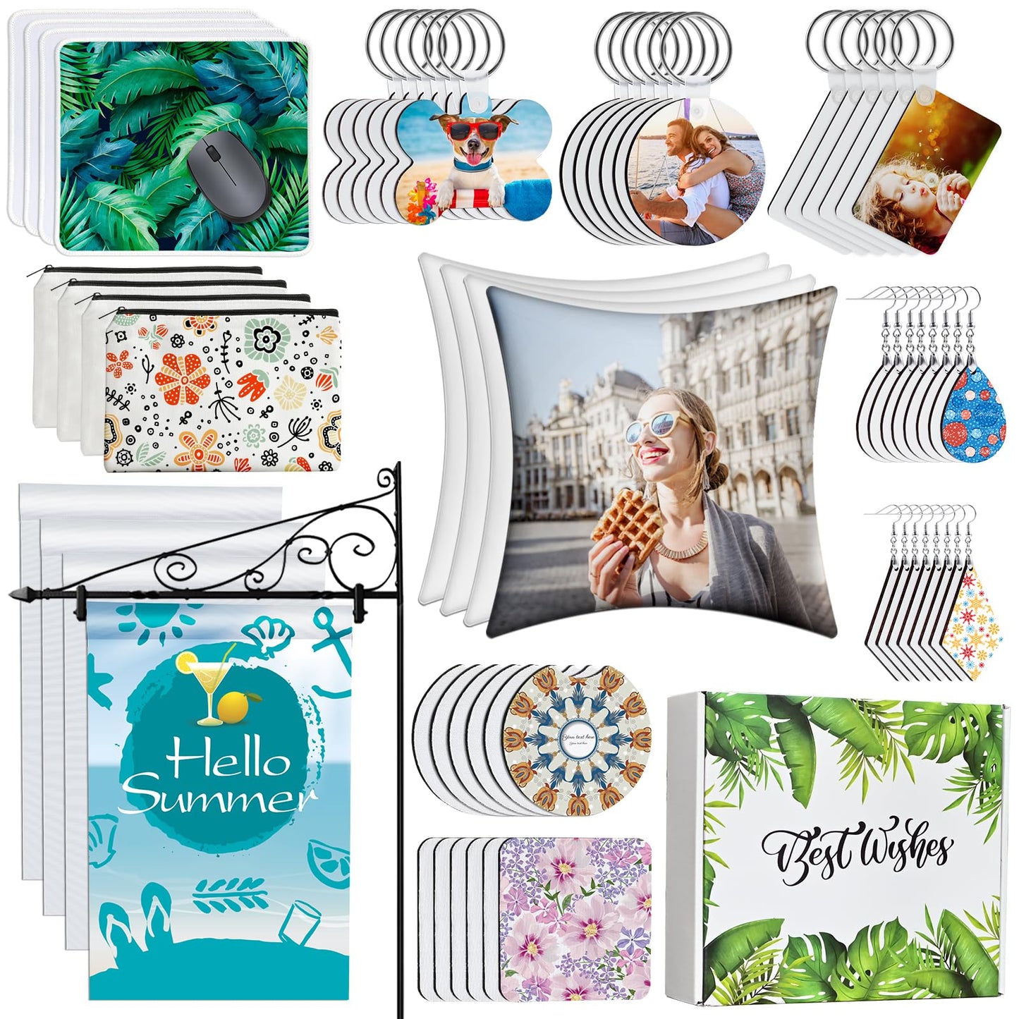 114Pcs Sublimation Blanks Products, Sublimation Blank Set Including DIY Blank Makeup Bag, Keychain, Earring, Pillow Cover, Mouse Pad, Coaster, Garden Flag for Sublimation Transfer Heat Press Craft