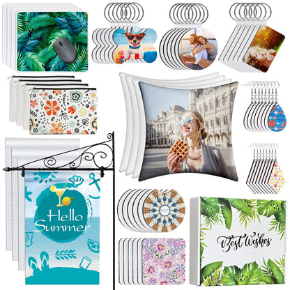 114Pcs Sublimation Blanks Products, Sublimation Blank Set Including DIY Blank Makeup Bag, Keychain, Earring, Pillow Cover, Mouse Pad, Coaster, Garden Flag for Sublimation Transfer Heat Press Craft