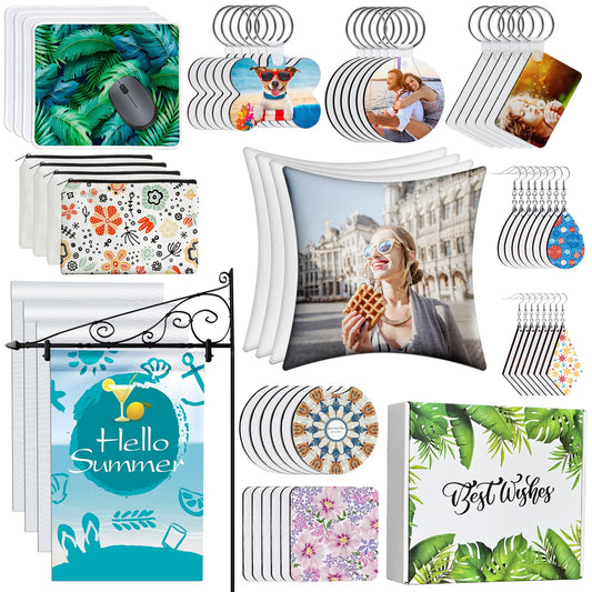 114Pcs Sublimation Blanks Products, Sublimation Blank Set Including DIY Blank Makeup Bag, Keychain, Earring, Pillow Cover, Mouse Pad, Coaster, Garden Flag for Sublimation Transfer Heat Press Craft