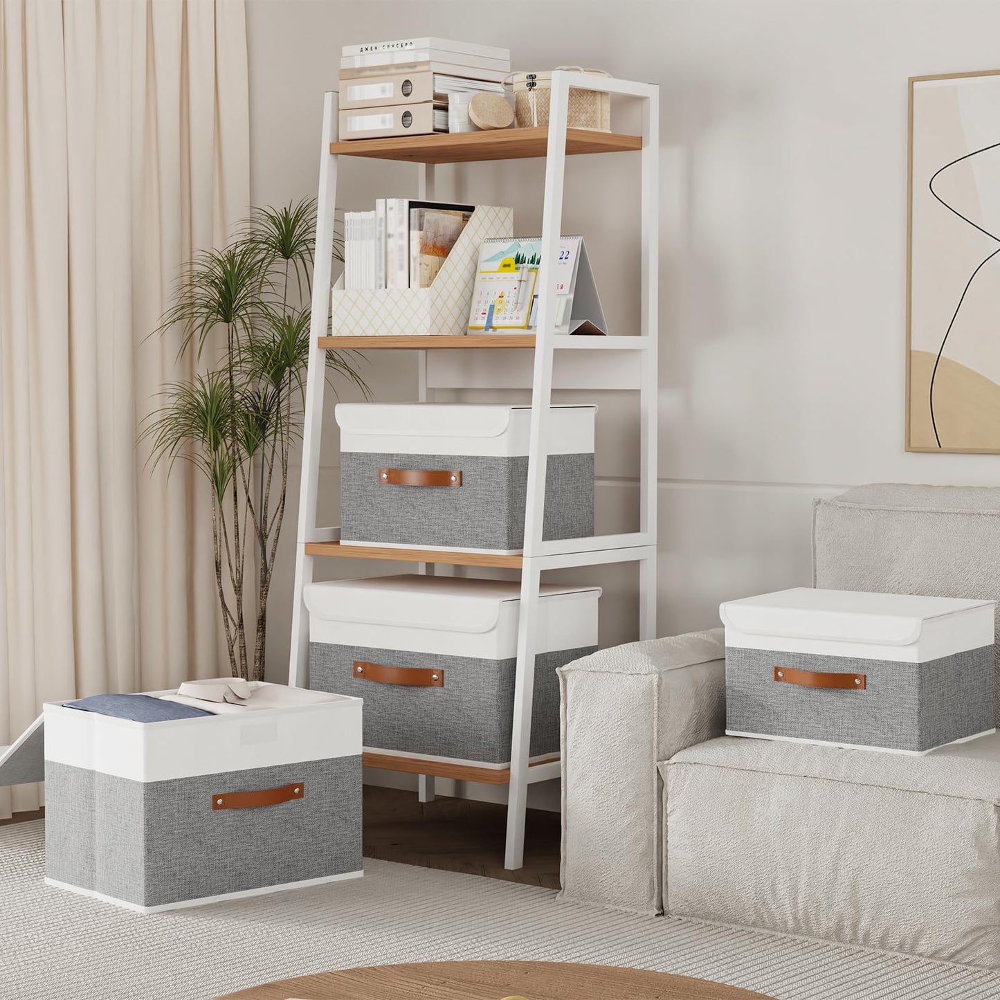 Storage Boxes with Lids, Linen Fabric Bin, Cube Organizer Basket, Washable and Leather Handle, for Home, Closet, White/Grey, 15.0''Lx9.8''Wx9.8''H, 1-Pack, USNK024WGL-1