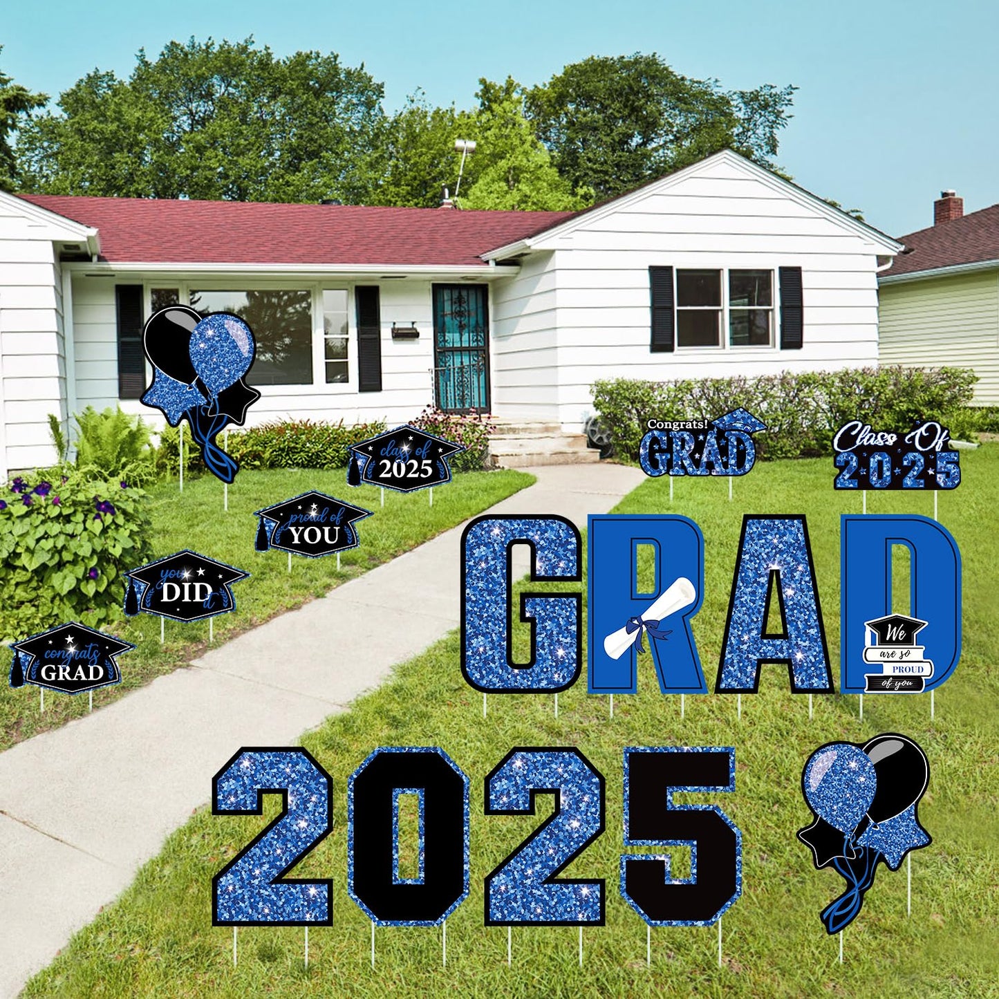 16 PCS Graduation Yard Signs, Blue Graduation Yard Signs Class Of 2025, 16 Inches Large Congrats Grad 2025 Yard Signs with Stakes For 2025 Graduation Decorations