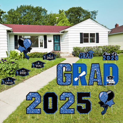 16 PCS Graduation Yard Signs, Blue Graduation Yard Signs Class Of 2025, 16 Inches Large Congrats Grad 2025 Yard Signs with Stakes For 2025 Graduation Decorations