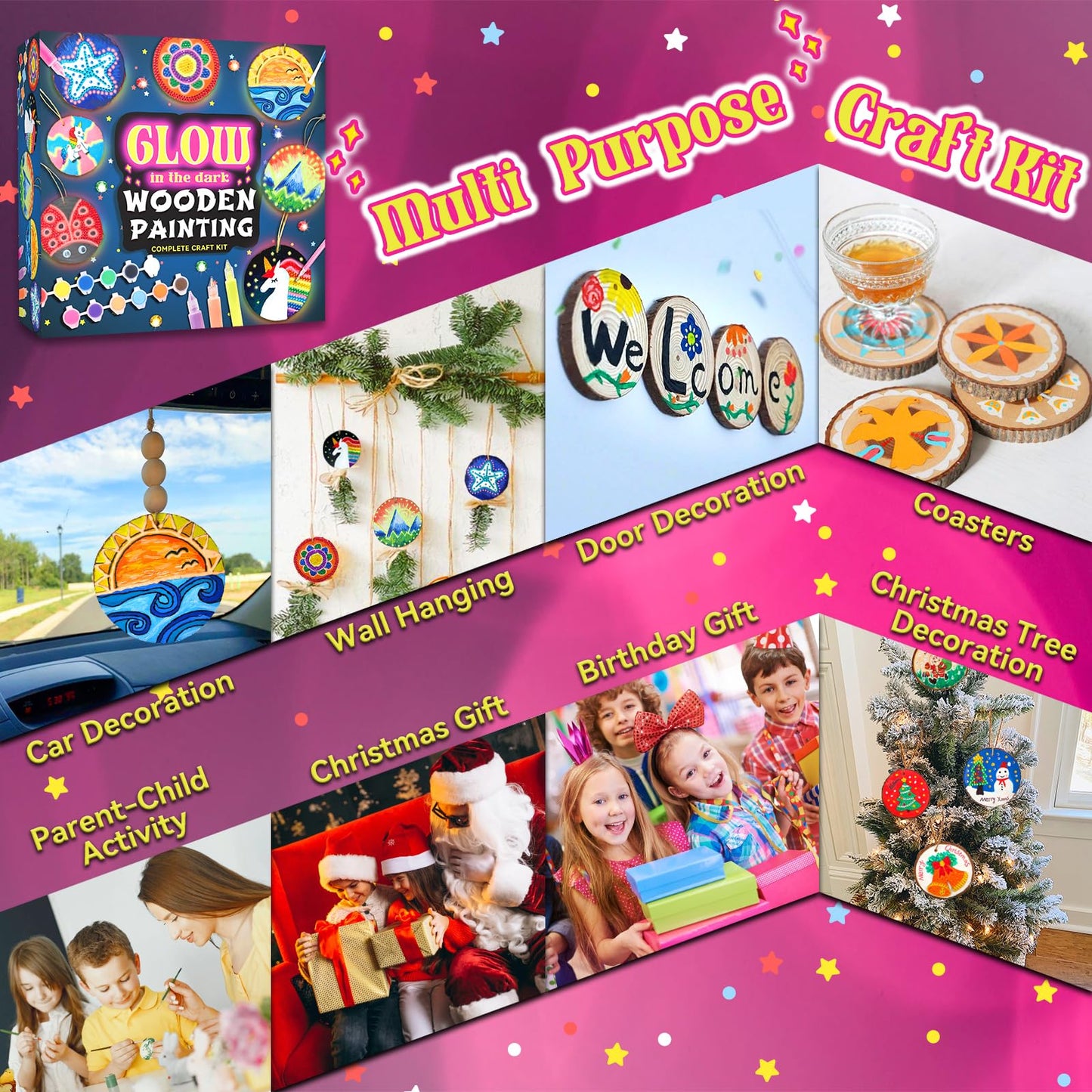 Kids Wooden Painting Kit-Glow in The Dark-Arts & Crafts Gifts for Boys Girls Ages 5-12-Craft Activities Kits - Creative Art Toys for 5, 6, 7, 8, 9, 10, 11 & 12 Year Old Kids