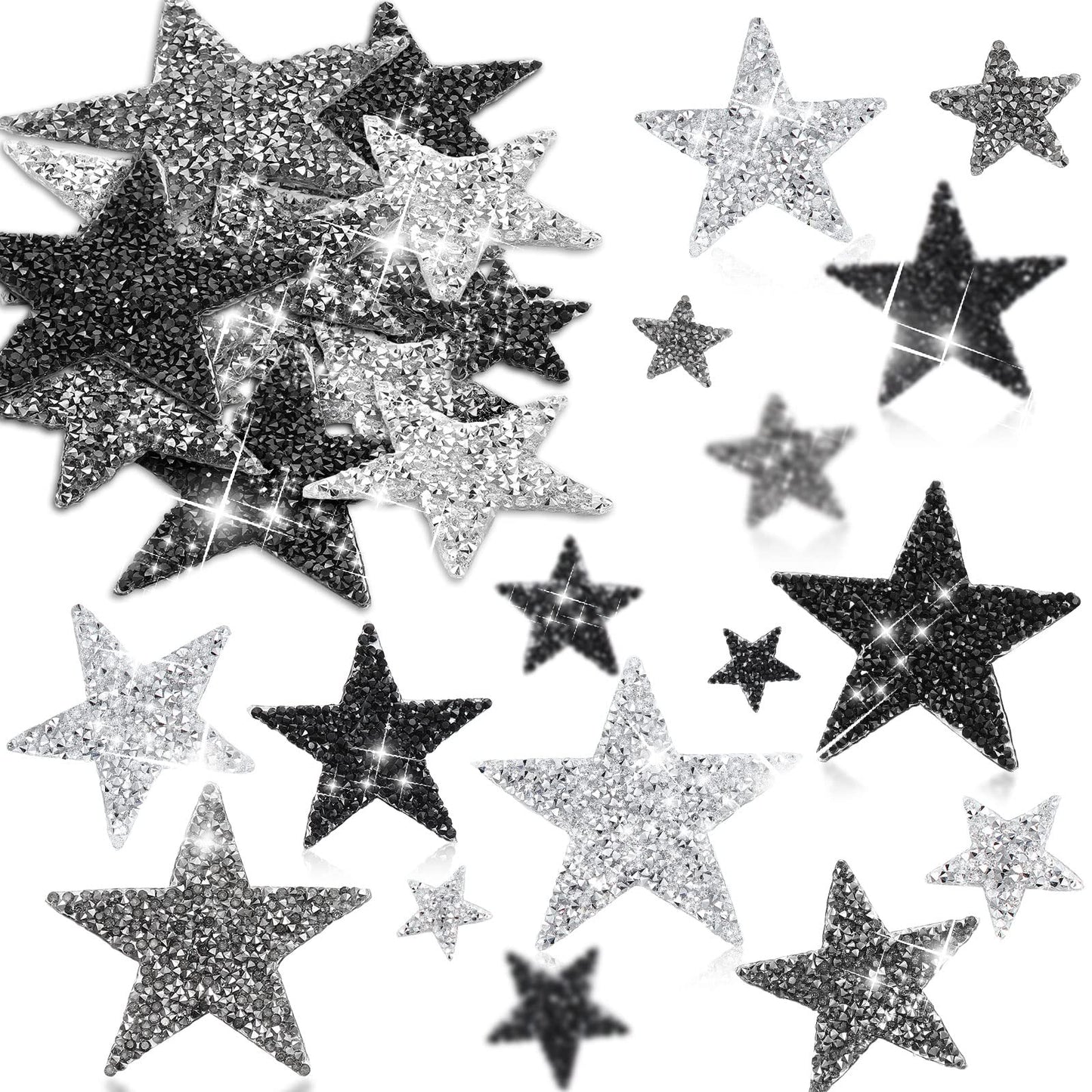 60 Pcs Iron on Star Patches Star Shaped Rhinestone Appliques Adhesive Glitter Patches Rhinestone Appliques Embellishments for DIY(Black, Gray)