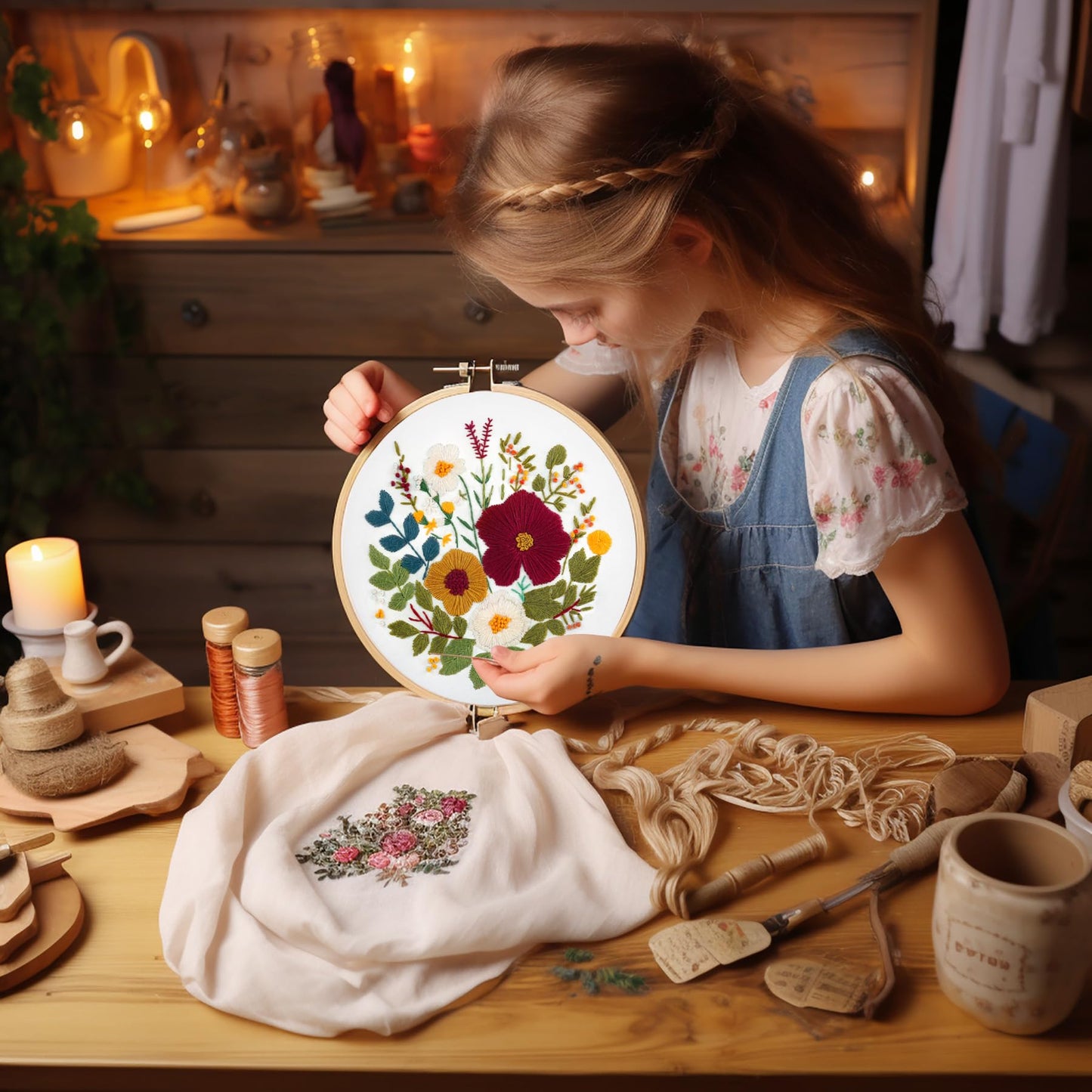 Embroidery Kit for Beginners with Instructions,Cross Stitch Kits for Adults with Pattern,Needlepoint Kits for Adult Include Embroidery Cloth Hoops Needles Threads (flowers2)