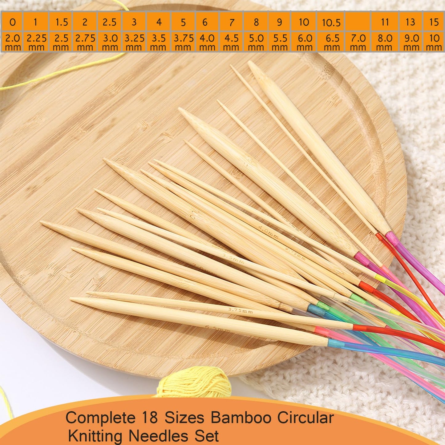 18 Pairs Bamboo Knitting Needles Set Circular Wooden Knitting Needles with Colorful Plastic Cable Size 2mm-10mm,Knitting Needle for DIY Craft(100cm/40inch)