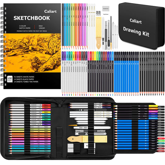176PCS Art Supplies Sketching Kit with 100 Sheets 3-Color Sketch Book, Graphite Colored Charcoal Watercolor & Metallic Pencils, School Supplies Gifts for Artists Adults Teens Girls Boys Kids