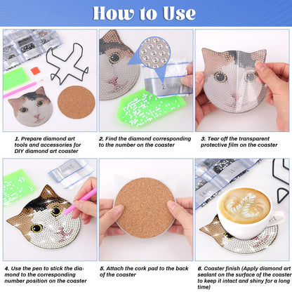 8 Pieces Diamond Art Painting Coasters Kit with Holder, Diamond Art Coasters, DIY Diamond Art Crafts Projects, Diamond Dot Kits for Adults and Beginners(Cat Style)