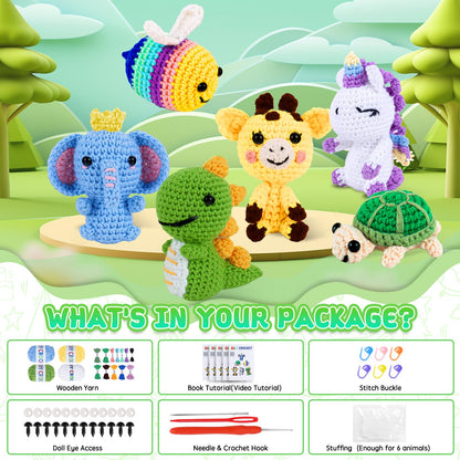 6PCS Crochet Kit for Beginners, Knitting Kit with Step-by-Step Video Tutorials, Beginner Crochet Kit for Adults, Crochet Animal Kit for Beginners Kids, Complete Kit Included 6 Cute Animals