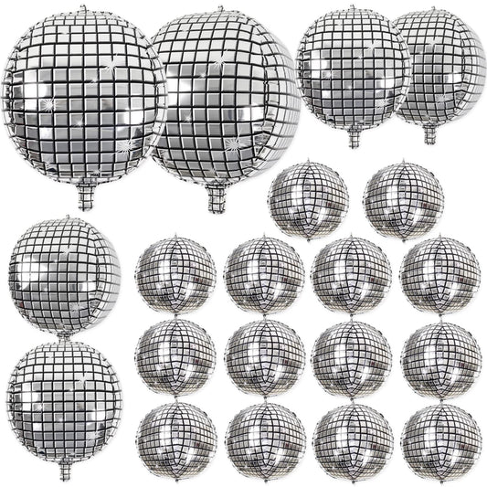 20Pcs Disco Ball Balloons Different Sizes- 4D Large Disco Balloons 32” 22” 10 Inch Assorted Round Metallic Silver Mylar Balloon for 70s 80s Disco Themed Birthday New Year's Party Decor Supplies