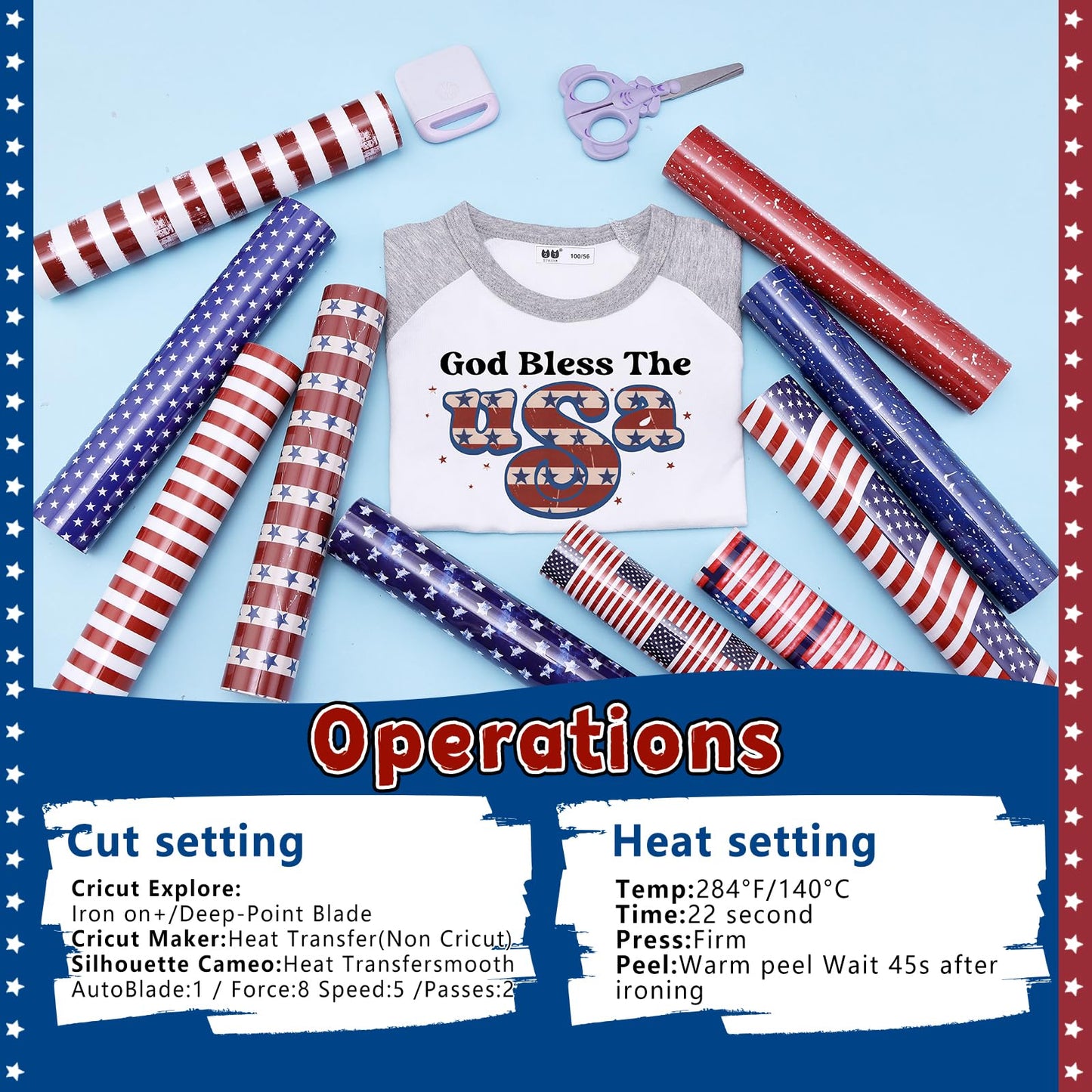 American Flag Heat Transfer Vinyl - 10 Sheets 10x12 Inch Patriotic Navy Blue White Stars Independence Day Iron On Vinyl for Cricut & Silhouette Cameo