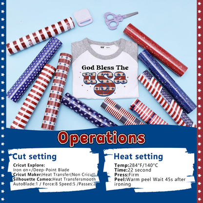 American Flag Heat Transfer Vinyl - 10 Sheets 10x12 Inch Patriotic Navy Blue White Stars Independence Day Iron On Vinyl for Cricut & Silhouette Cameo
